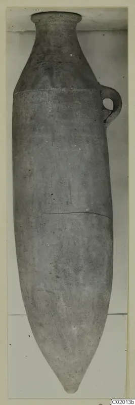 Pottery Plain White VII vessel with a long pointed base and a single loop handle on the shoulder.
