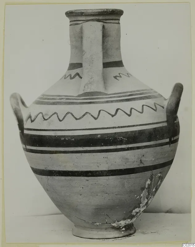 Pottery White Painted VI jar with dark painted bands, zigzag lines on the shoulder, and three handles