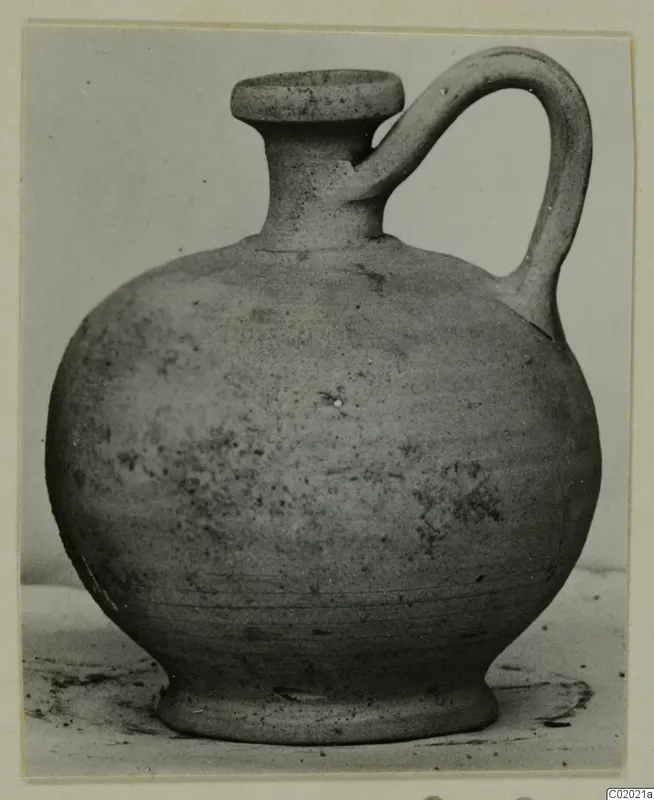 Pottery jug, Plain White VI, with a round body, flat-topped rim and single loop handle