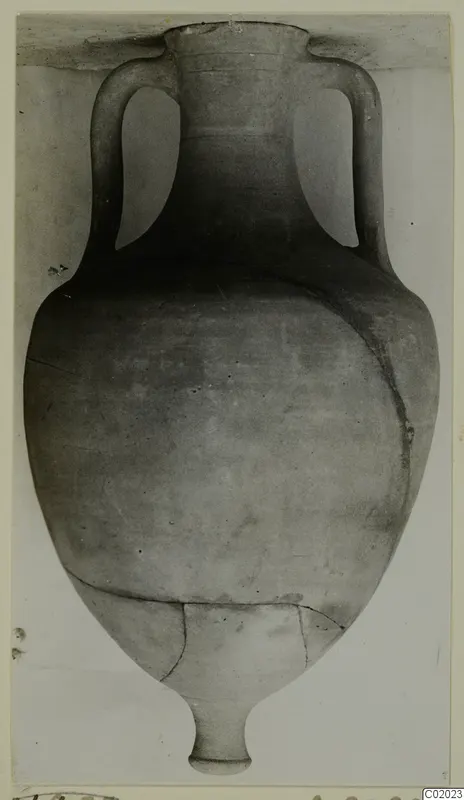 Pottery Plain White VII amphora with two handles, a narrow stem base and cracks across the body