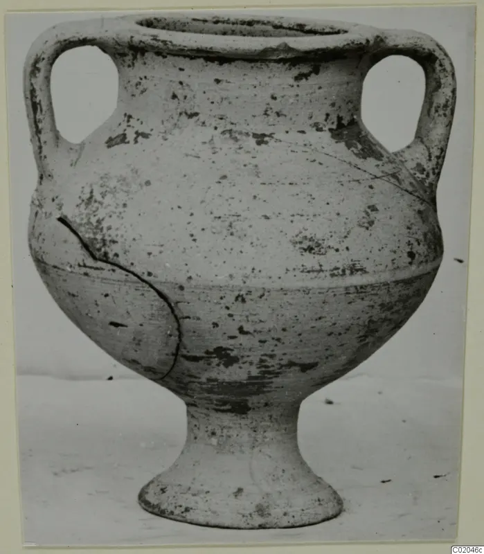 Two-handled pottery vessel on a footed base, find from Marion