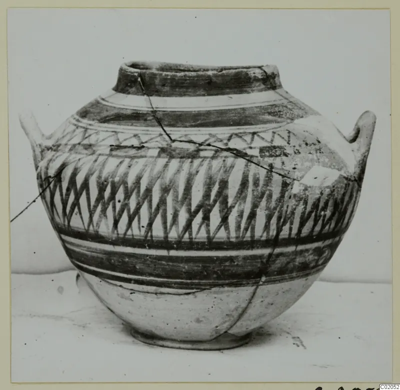 Pottery Bichrome IV amphora-crater with two small handles, painted in dark bands and diagonal hatched pattern.