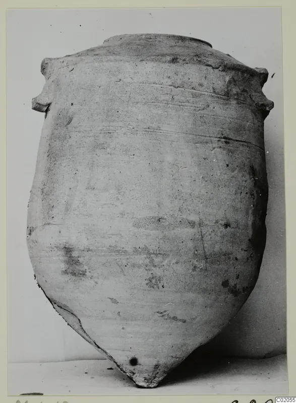 Large pottery jar with a pointed base and two small handles on the shoulder, from Marion