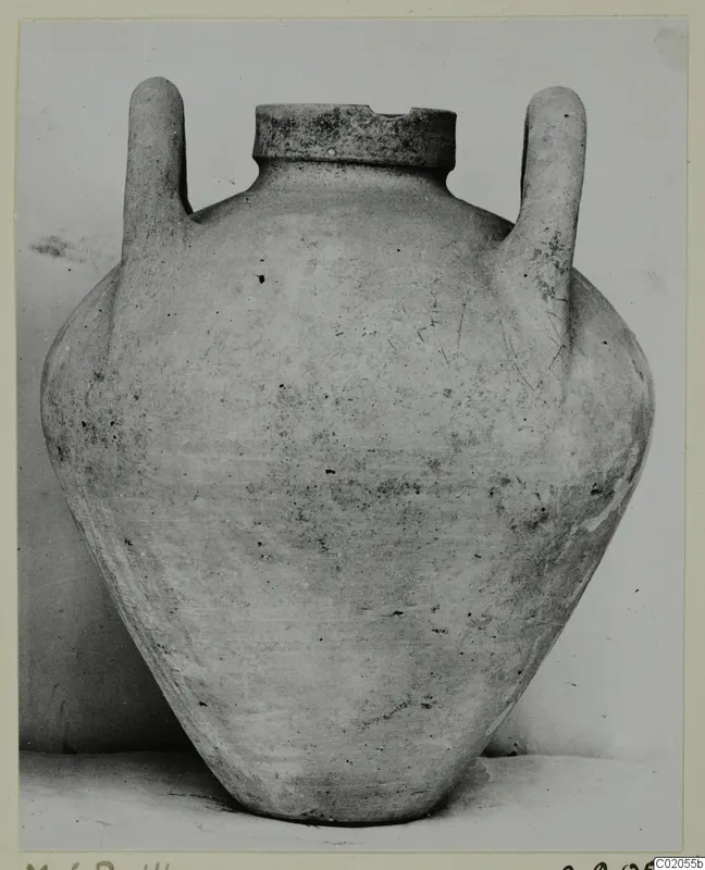 Pottery Plain White IV-V: a two-handled jar with a wide flat rim and rounded body, against a plain backdrop