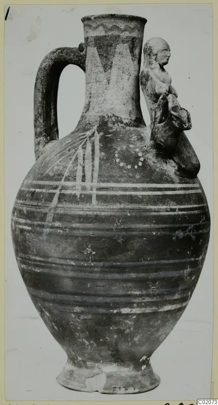 Bichrome-Red jug with painted horizontal bands and a small human figure applied to its right shoulder