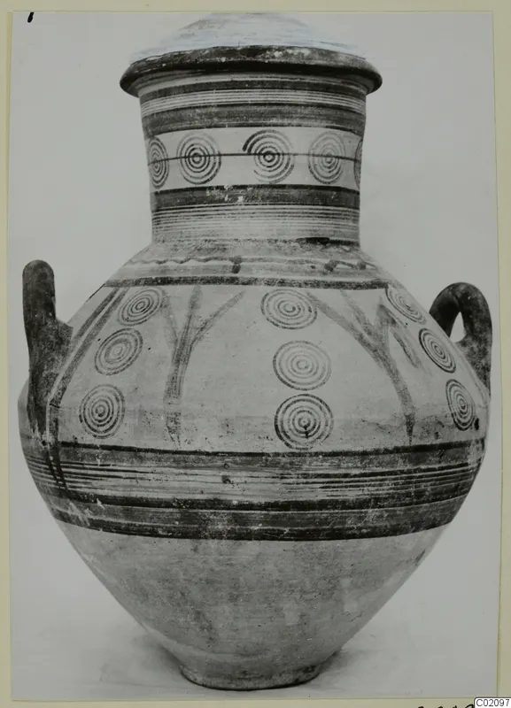 Pottery Bichrome V amphora with a lid, two handles and painted concentric circles and bands