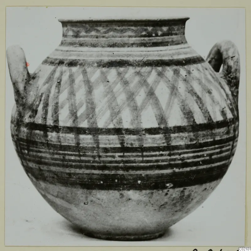 Two-handled painted pottery vessel with banded and cross-hatched decoration, shown against a pale background