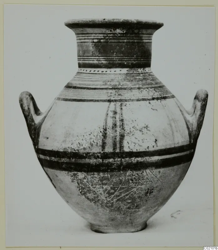 Pottery Bichrome V amphora, a two-handled jar with dark painted bands, photographed against a plain background.