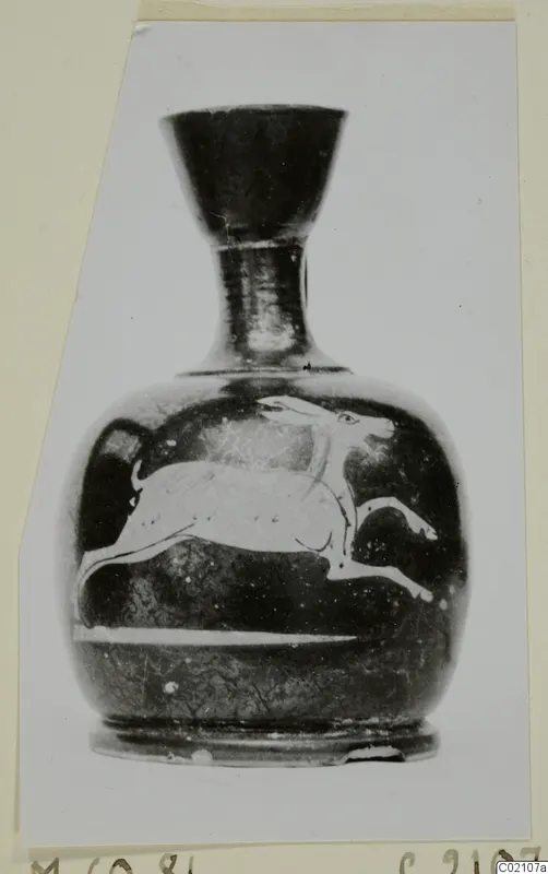 Pottery vessel with a flared neck and a leaping animal painted on its body