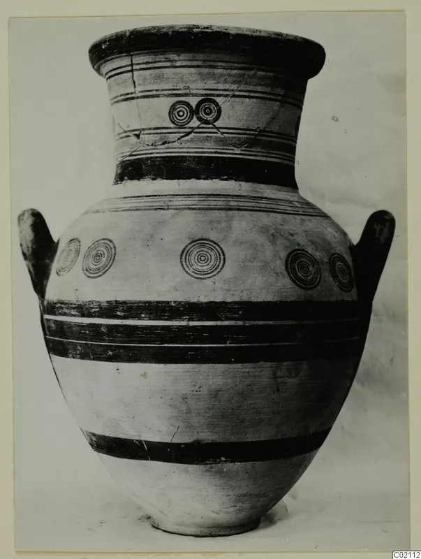 Painted pottery vessel from the Marion tomb finds, with two handles, horizontal bands and concentric circles