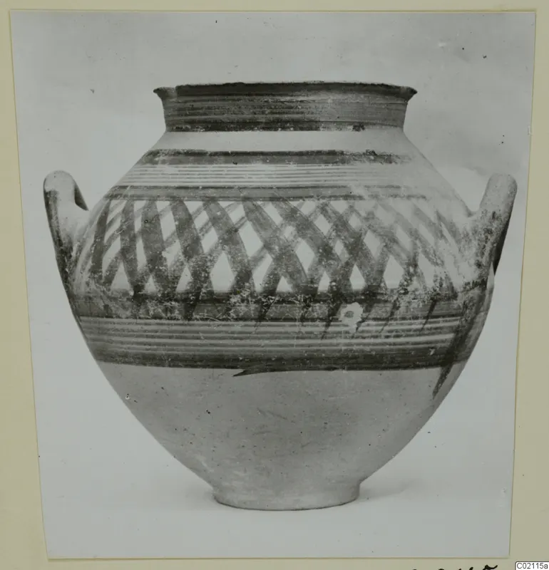 Pottery Bichrome IV amphora-crater with two handles, painted with a lattice band and horizontal bands