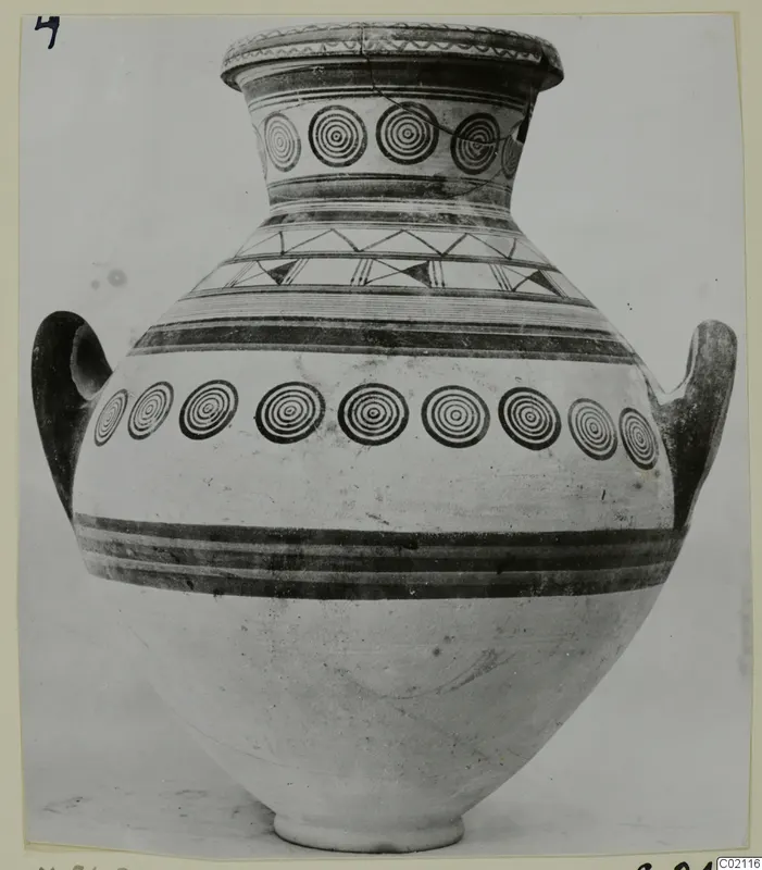 Two-handled pottery amphora with rows of concentric circles and painted horizontal bands, Pottery Bichrome V