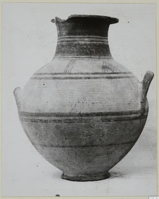 White Painted I amphora, a two-handled pottery vessel with dark painted bands on a pale body