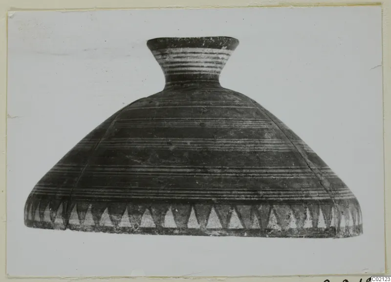 Pottery Bichrome V vessel with a flaring neck, horizontal bands and a row of pale triangles around the body