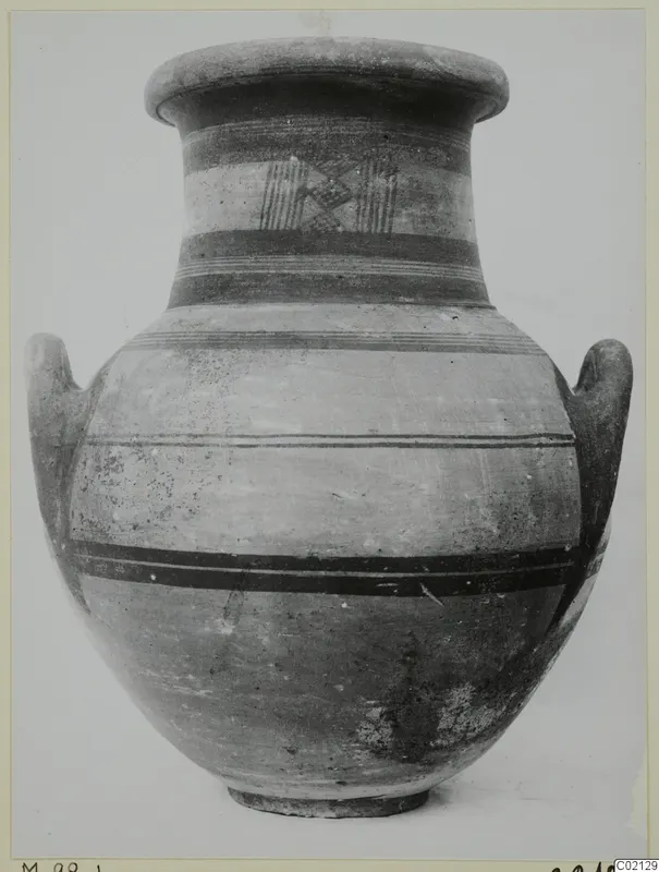 Pottery White Painted III-1 from Marion: two-handled jar with painted bands and a cross-hatched motif on the neck