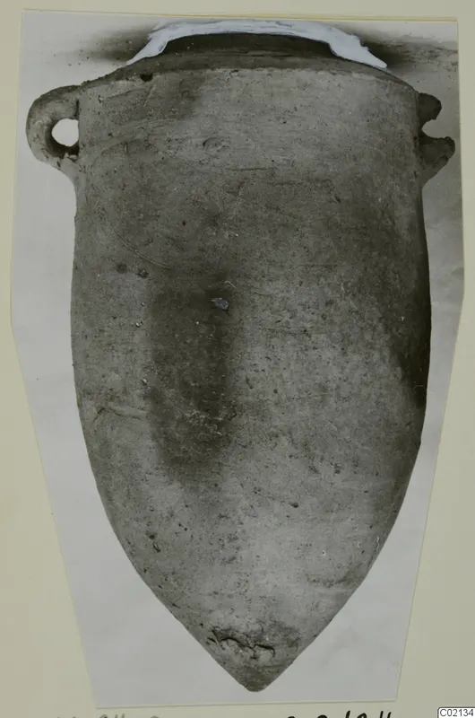 Pottery Plain White IV-V pithos with two small shoulder handles, photographed upright on a mounted card.