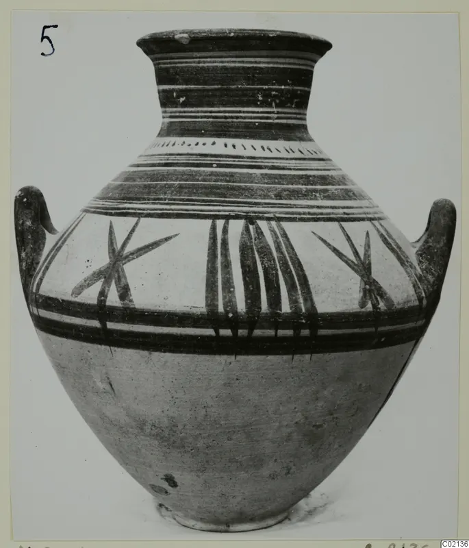 Pottery Bichrome V two-handled jar from Marion, with dark painted bands and leaf-like motifs on the body