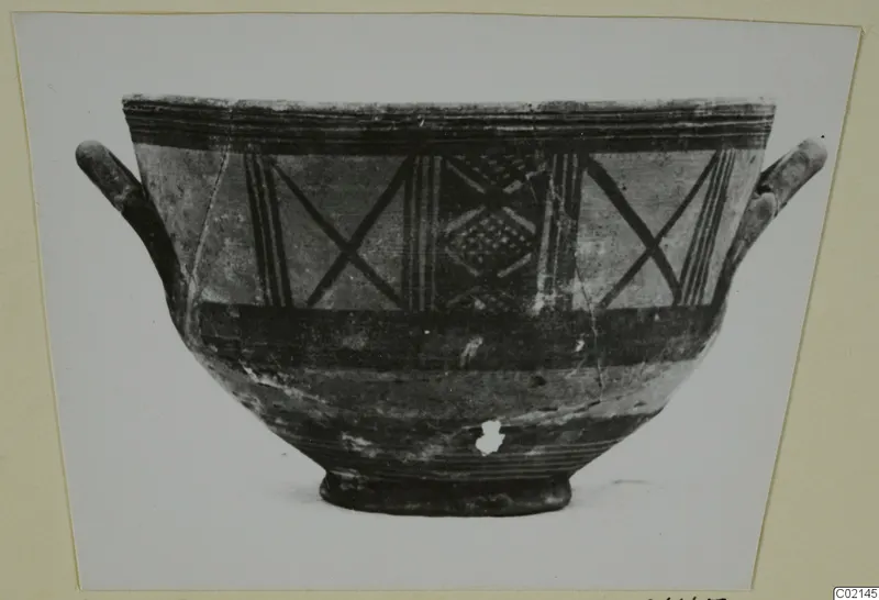 White Painted III-1 bowl with two horizontal handles, painted bands and cross-hatched panels