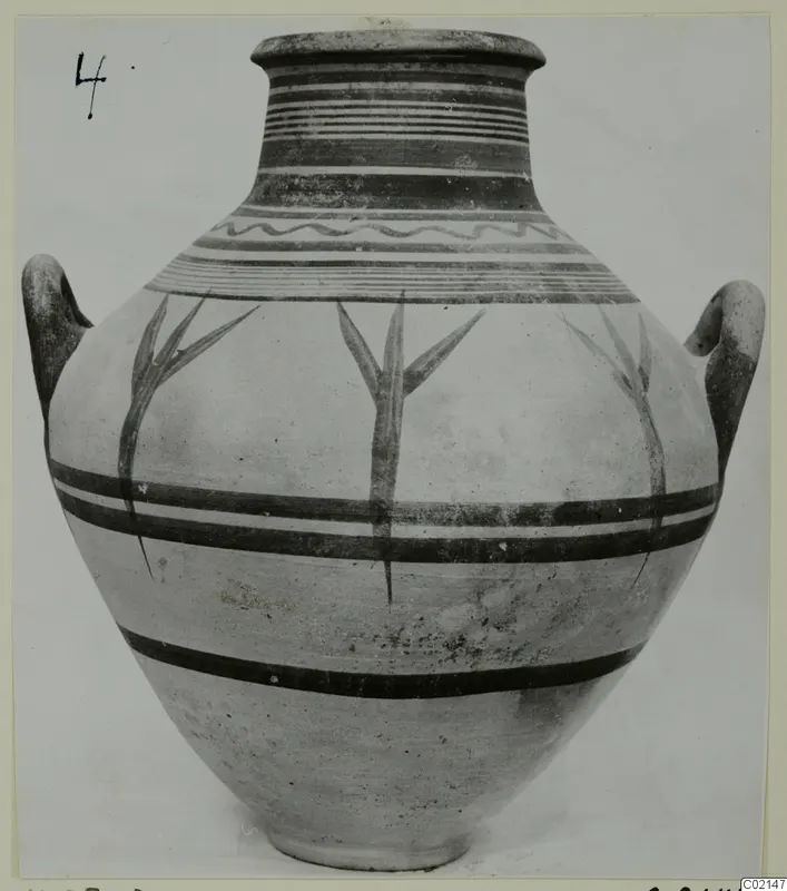 Pottery Bichrome V jar with two handles, painted horizontal bands and branching plant motifs on the body