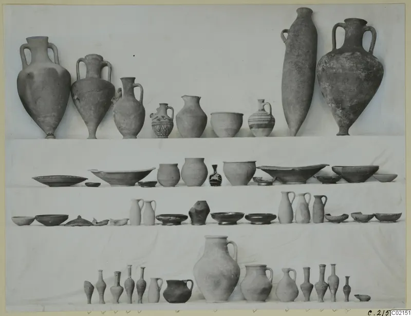 Pottery from Tomb 60 at Marion: amphorae, jugs, bowls and small juglets arranged in rows on a white backdrop.