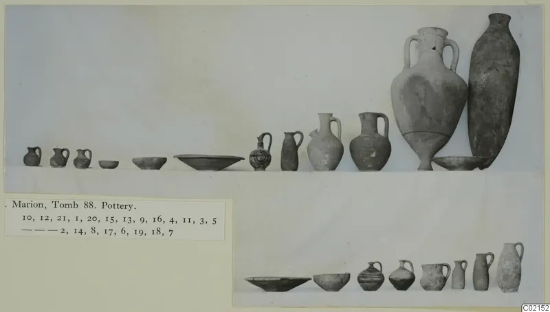 Pottery from Tomb 88 at Marion: two rows of jugs, bowls and dishes set out for photographing