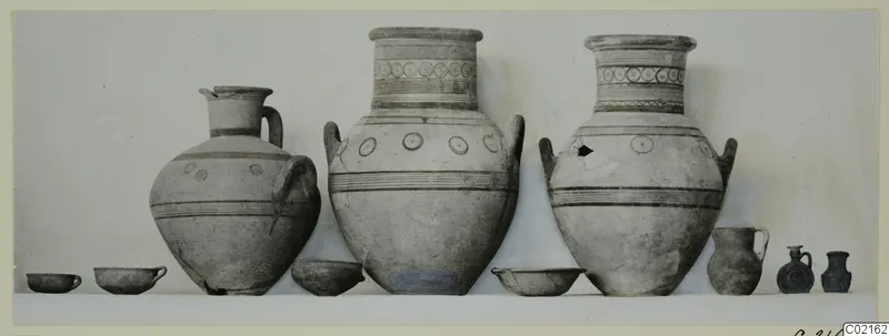 Group of pottery vessels from Tomb 77 at Marion, lined up on a shelf against a plain backdrop.