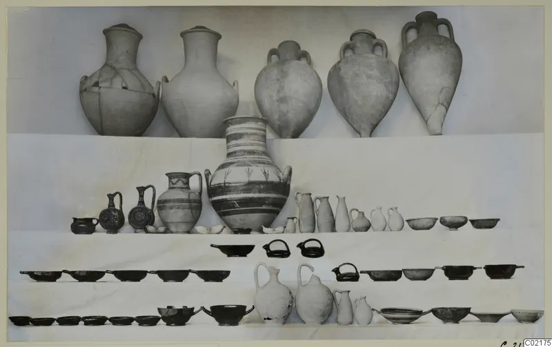 Pottery from Marion Tomb 47: jugs, bowls and large jars arranged in rows on a pale cloth
