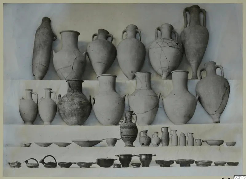 Pottery from Marion, Tomb 55: jars, jugs and bowls arranged in rows on a pale background.