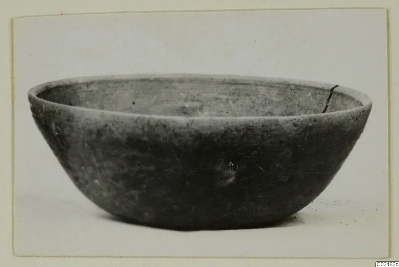 Pottery bowl with a rounded body and everted rim, photographed from the side