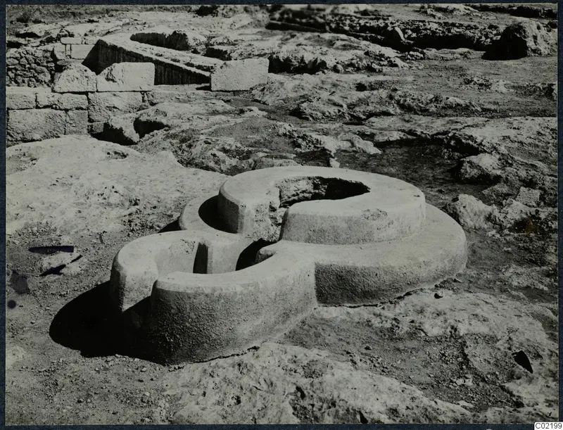 Two interlocking circular stone rings on bare rock at Vouni Palace, with stone walls behind