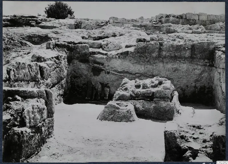 Excavated area at Vouni Palace with stone walls, a large weathered stone block and a shrub at the top left