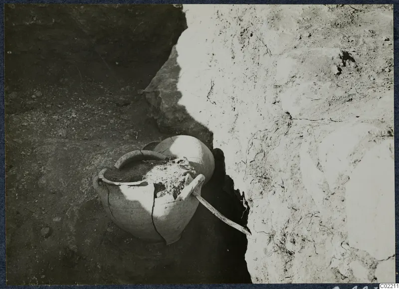 Excavated pottery jar with two handles lying in the ground beside a pale excavation section at Vouni