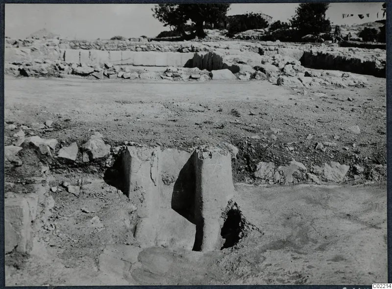 Excavation at the palace at Vouni, with upright stone blocks in the foreground and trees on the skyline.