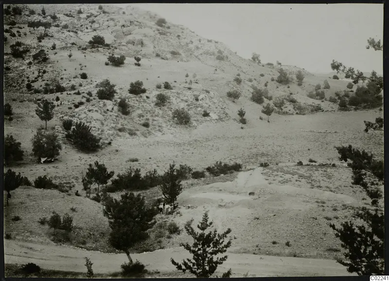 Excavation area at Ayios Iakovos seen from the west, across a scrubby, rocky hillside