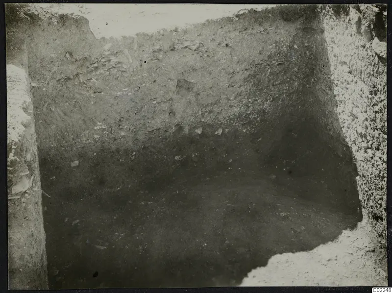 Excavation trench at Ayios Iakovos with stones visible in the soil faces