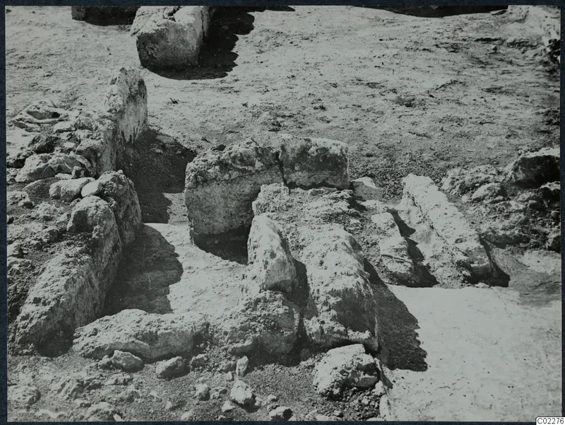 Excavated stone walls and blocks in bare earth at the palace at Vouni