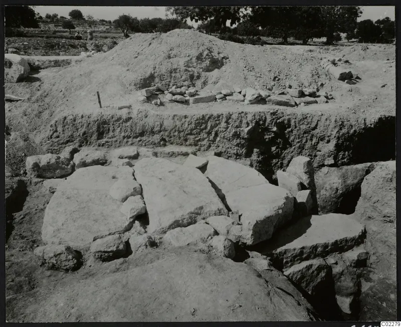 Excavation at Amathus with large cut stone slabs in the foreground, a spoil heap behind and trees on the horizon