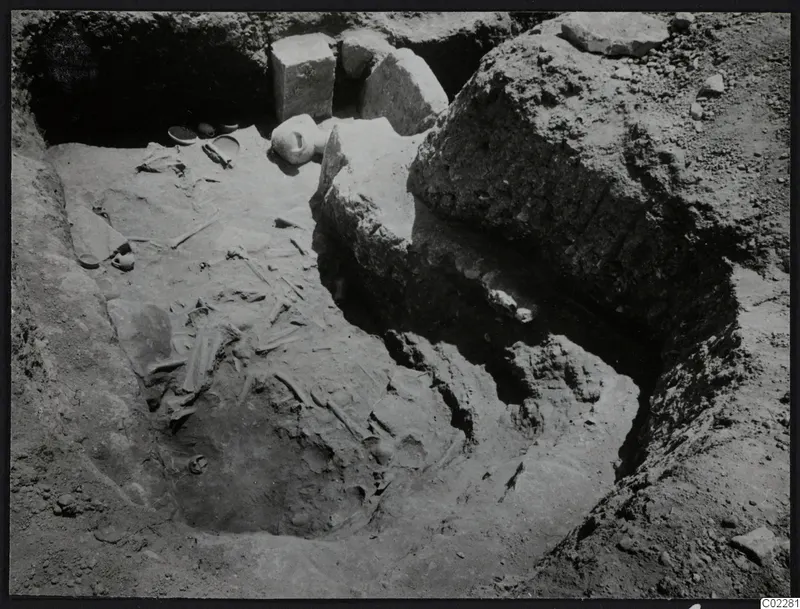 Excavated tomb at Amathus with scattered skeletal bones, small bowls and a pale rounded object during excavation.