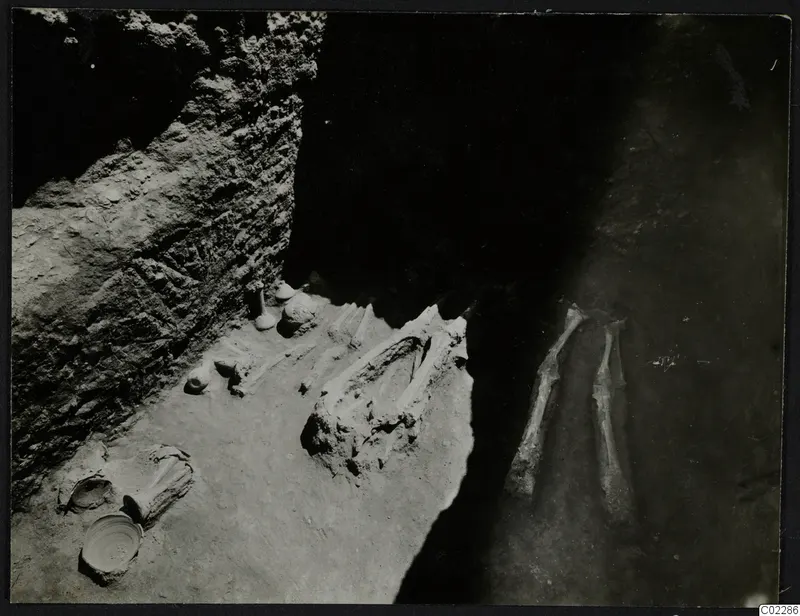 Skeleton and pottery vessels during excavation of a tomb at Amathus