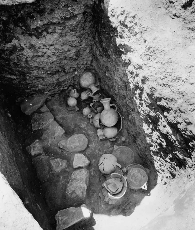 Tomb 19 at Amathus, pottery vessels lying in situ on the floor of the excavated tomb