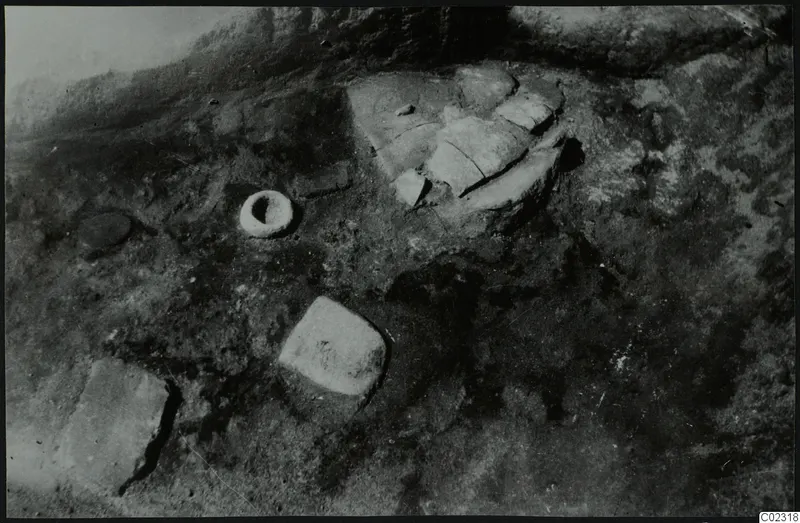 Excavation at Kythrea showing flat stone slabs and a small stone object lying in the soil