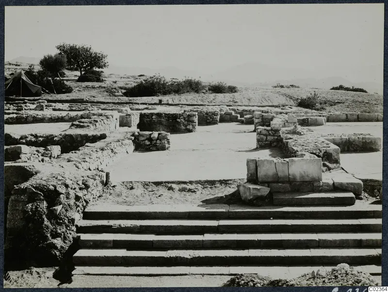 Wide stone steps and low ruined walls at Vouni Palace, with a tent and a tree beyond
