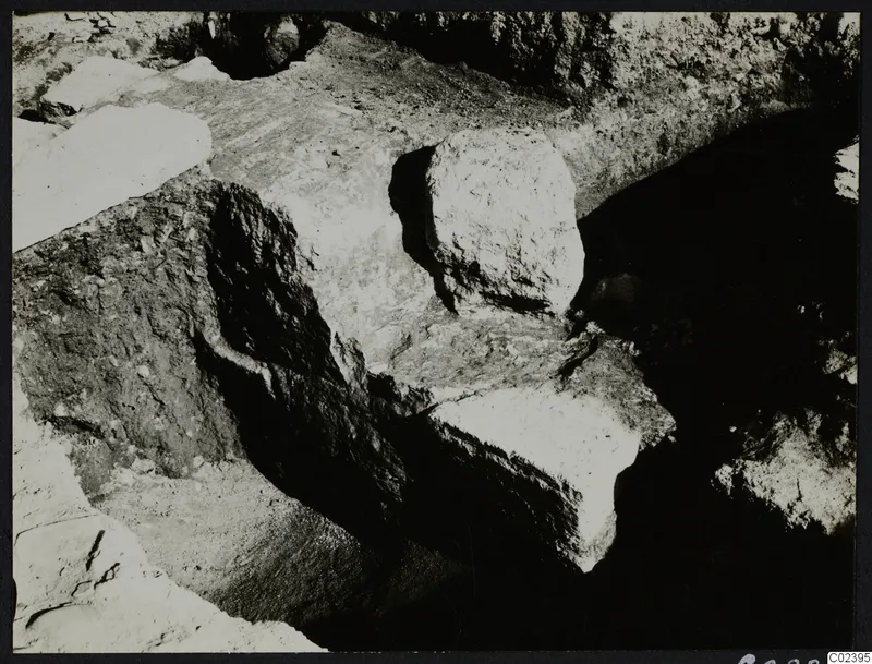 Large stone blocks of the eastern part of the temple substructure at Kition, seen in an excavated trench