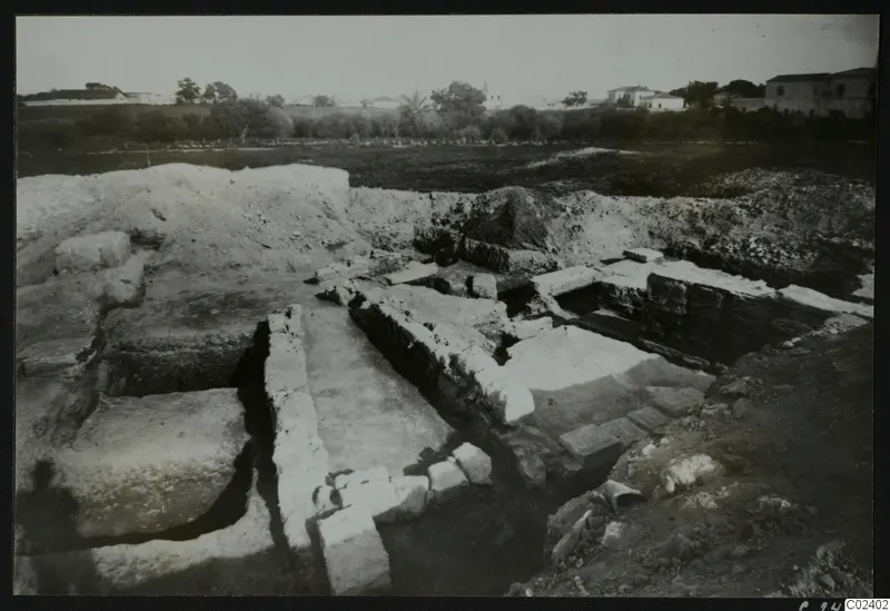 Excavated stone walls and foundations at Bamboula, with houses in the background