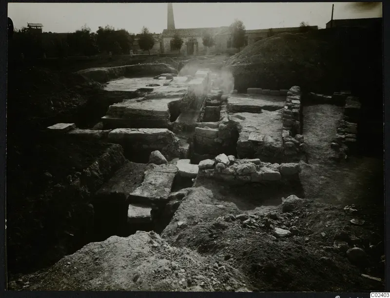 Excavated walls and stone foundations at Kition, Bamboula, seen from the east after excavation