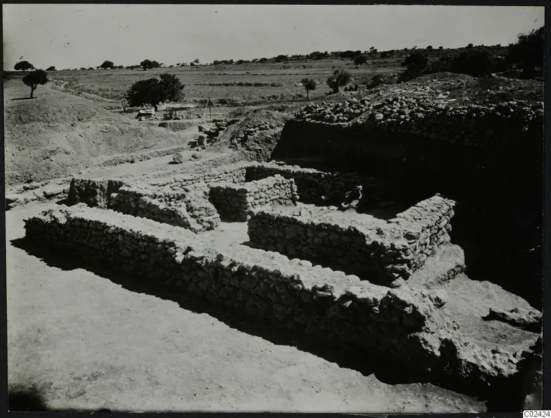 Excavation at Ayia Irini with low stone walls in the foreground and a shelter and frame in the distance