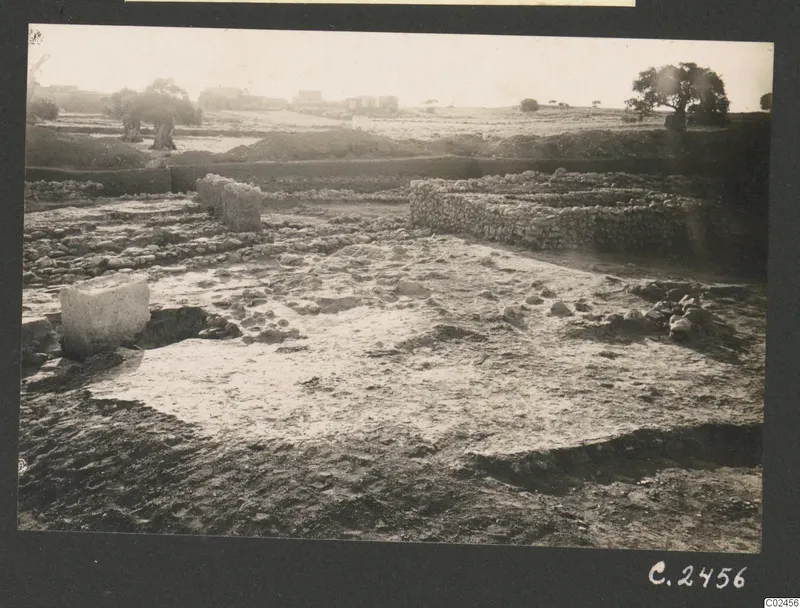 Excavated stone walls and a paved floor at Ayia Irini, with a stone block at left and trees and buildings beyond.