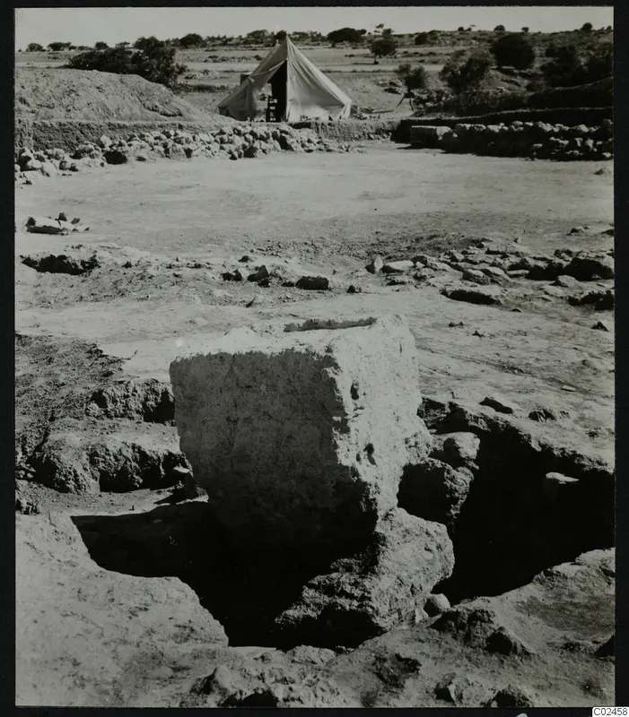 Excavated site at Ayia Irini with a large block of masonry in the foreground and a white tent behind.