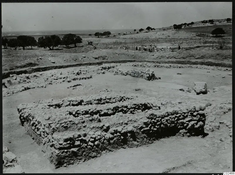 Excavated stone walls at Ayia Irini, with trees, the sea on the horizon and people working in the background