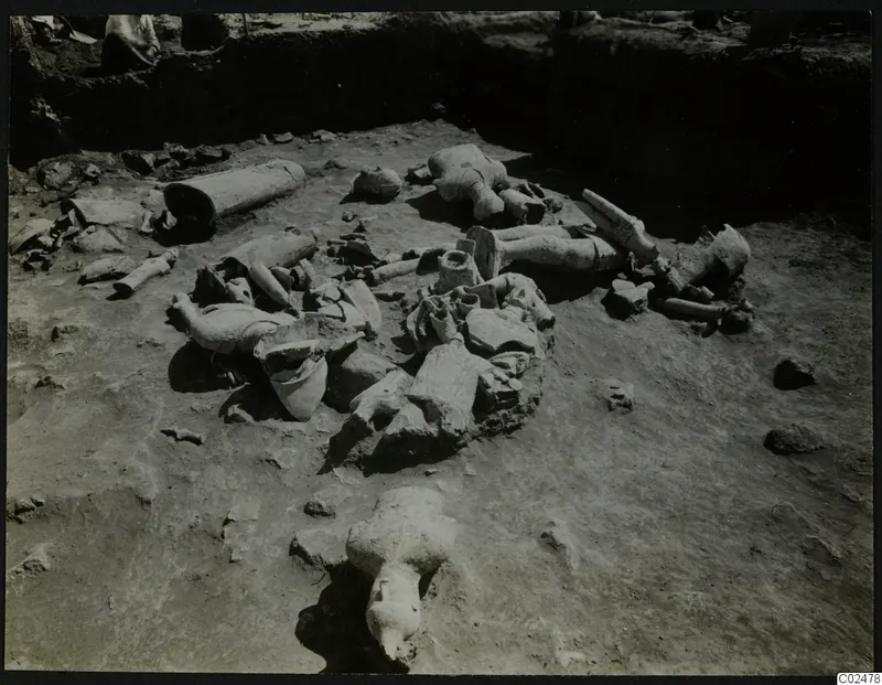 In situ finds at Ayia Irini: broken pale figures and a large head lying in an excavated trench.